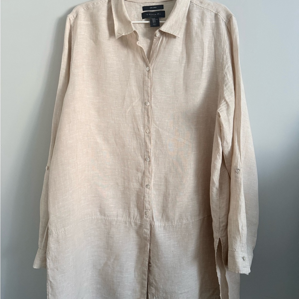 Tahari Light Beige/Tan Linen Tunic Shirt / beach dress - Picture 3 of 6